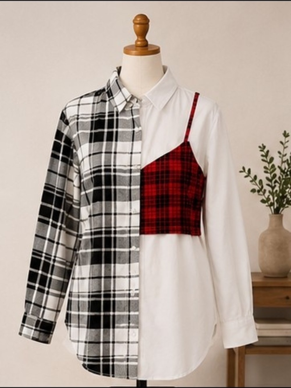 Live 4 Truth Mixed Plaid Colorblock Shirt with Attached Red Plaid Crop Top | NWT